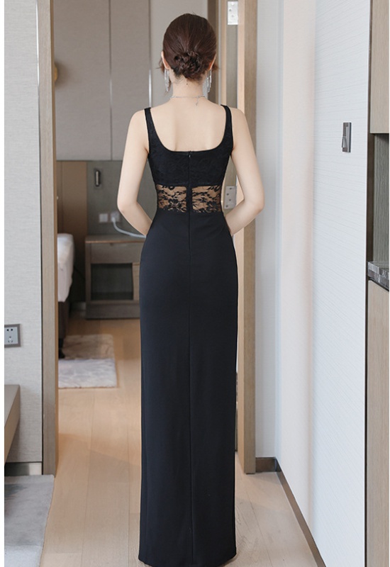 Sexy black night show long dress ladies model formal dress