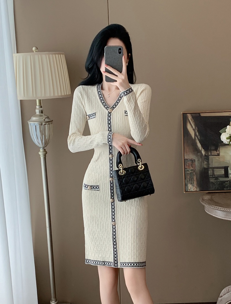 Pinched waist dress slim sweater dress for women