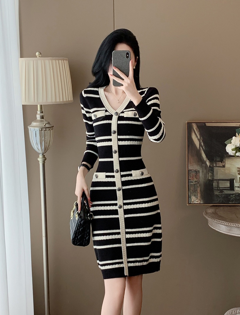 Ladies splice autumn dress V-neck knitted sweater dress for women