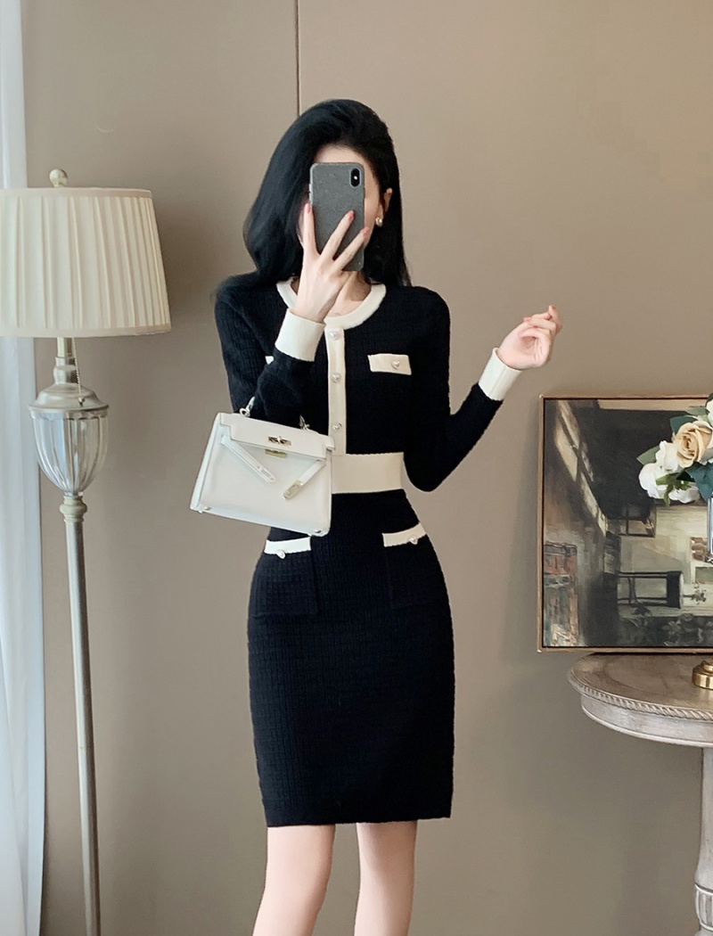 Hepburn style dress long sleeve sweater dress for women