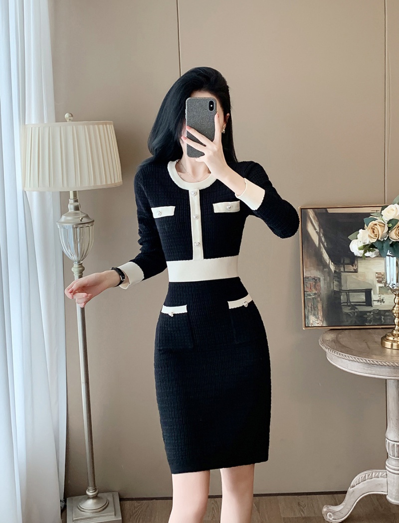 Hepburn style dress long sleeve sweater dress for women