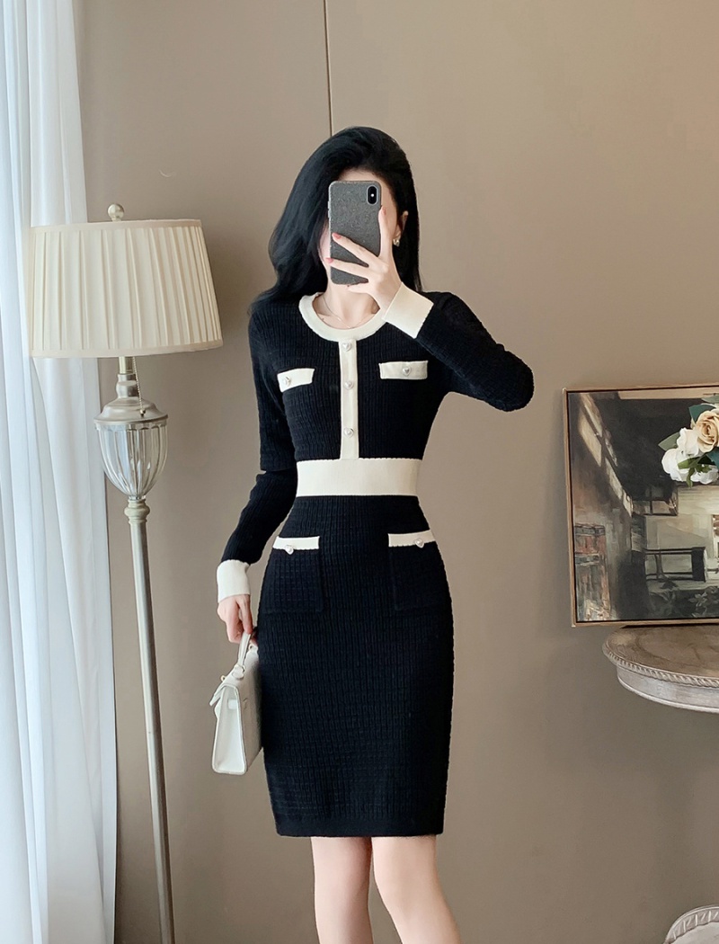 Hepburn style dress long sleeve sweater dress for women