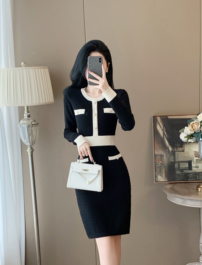 Hepburn style dress long sleeve sweater dress for women