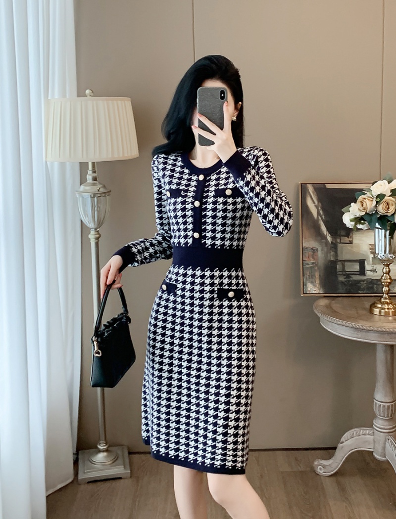 Houndstooth ladies dress A-line sweater dress for women