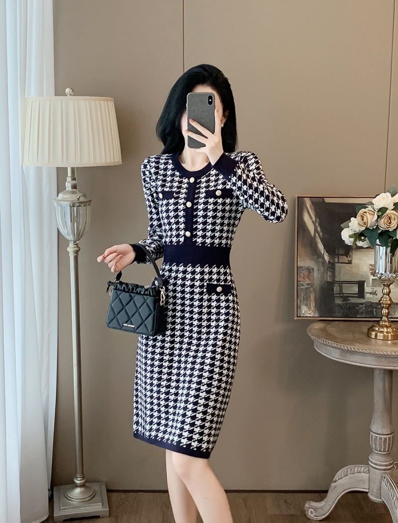 Houndstooth ladies dress A-line sweater dress for women