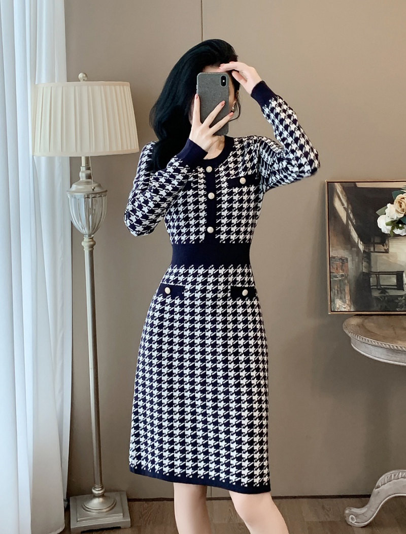 Houndstooth ladies dress A-line sweater dress for women