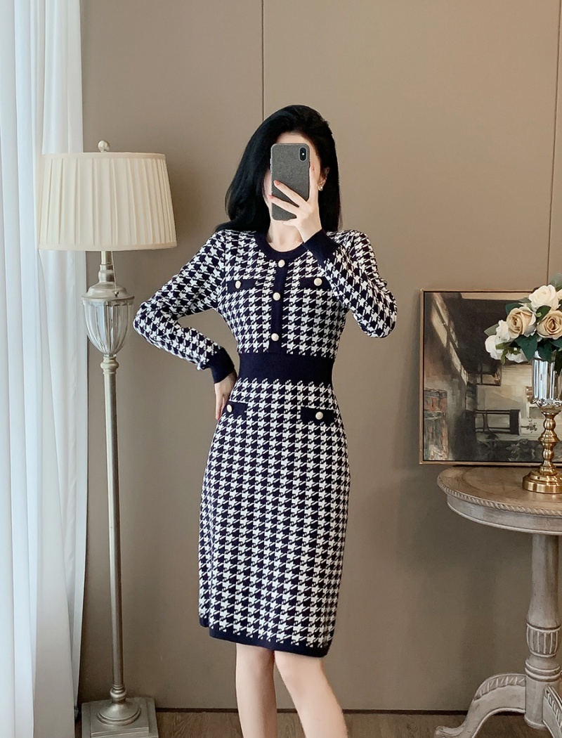 Houndstooth ladies dress A-line sweater dress for women