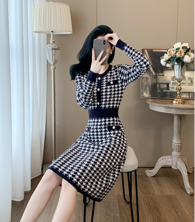 Houndstooth ladies dress A-line sweater dress for women