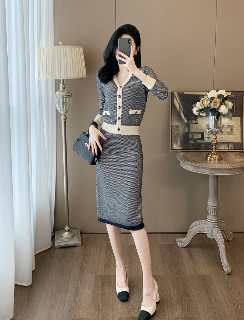 Knitted Western style autumn skirt 2pcs set for women