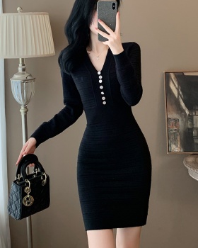 Long sleeve package hip dress chanelstyle V-neck sweater