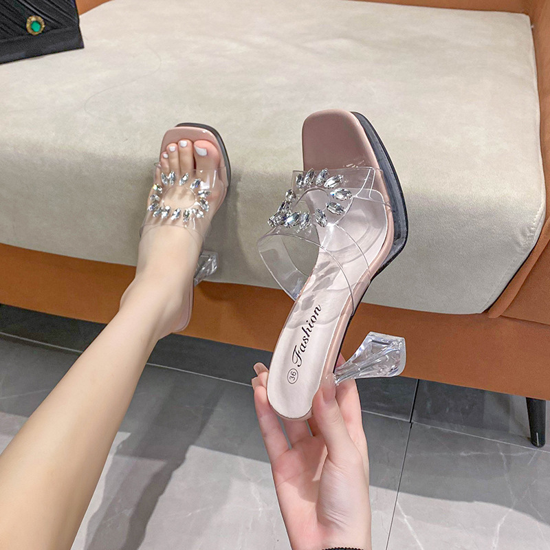 Transparent sexy sandals rhinestone thick slippers for women