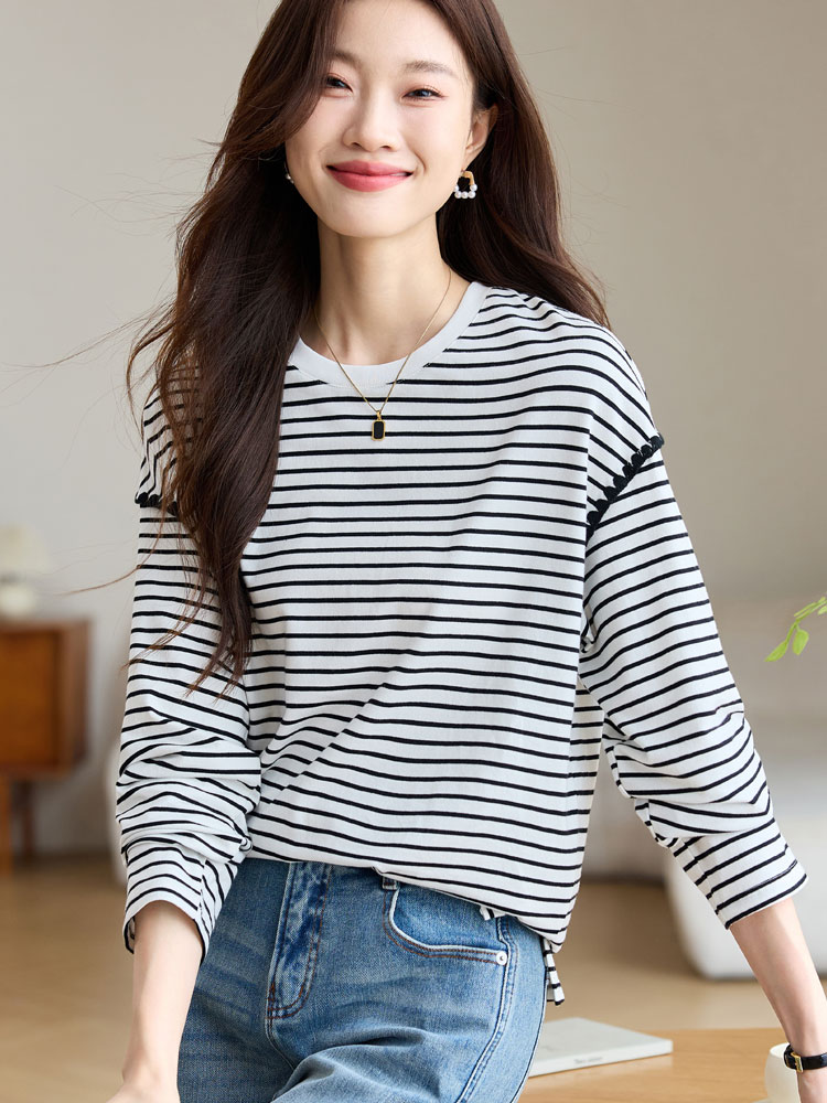 Round neck unique long sleeve mixed colors T-shirt for women