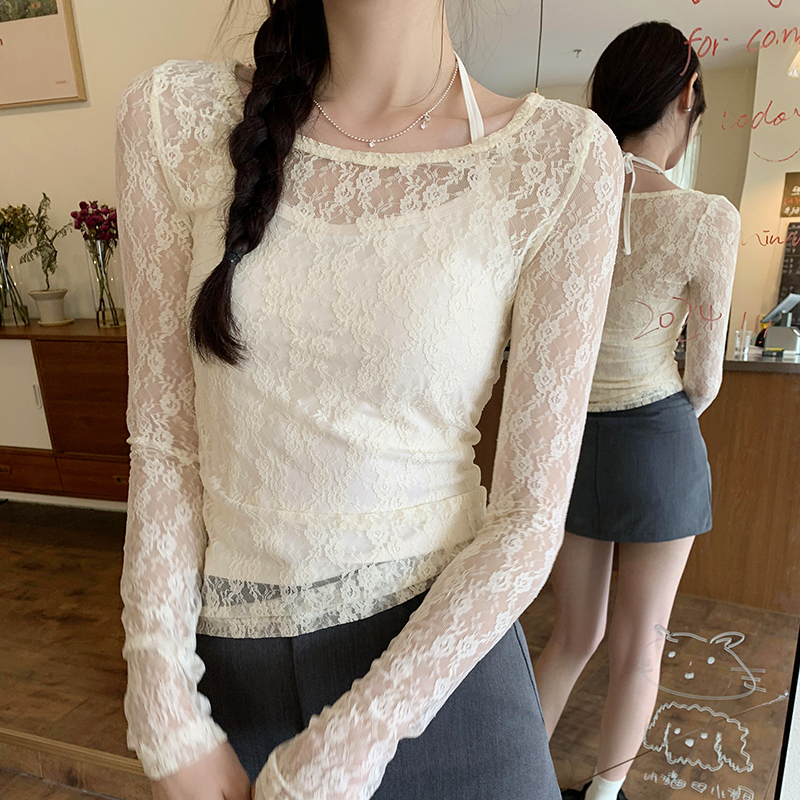 Thin frenum summer vest lace halter T-shirt 2pcs set