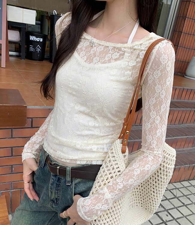 Thin frenum summer vest lace halter T-shirt 2pcs set