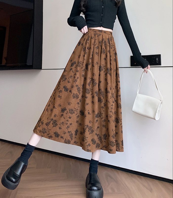 Velvet pleated long skirt high waist corduroy skirt