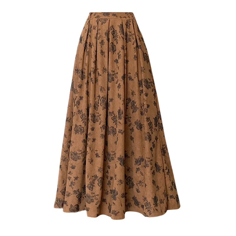 Velvet pleated long skirt high waist corduroy skirt