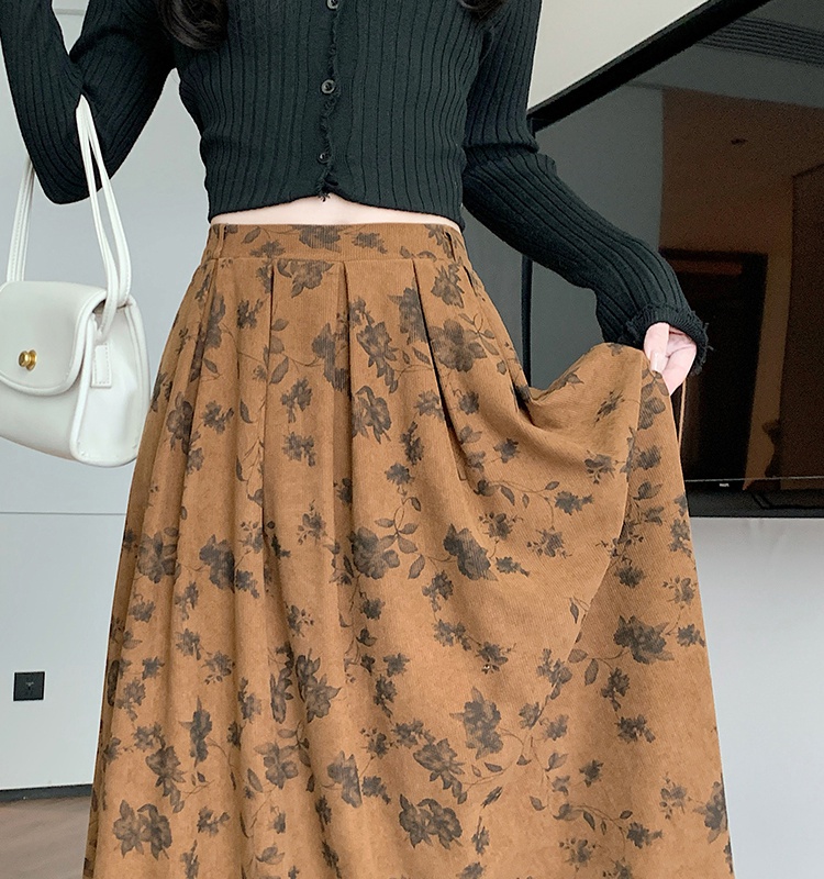 Velvet pleated long skirt high waist corduroy skirt