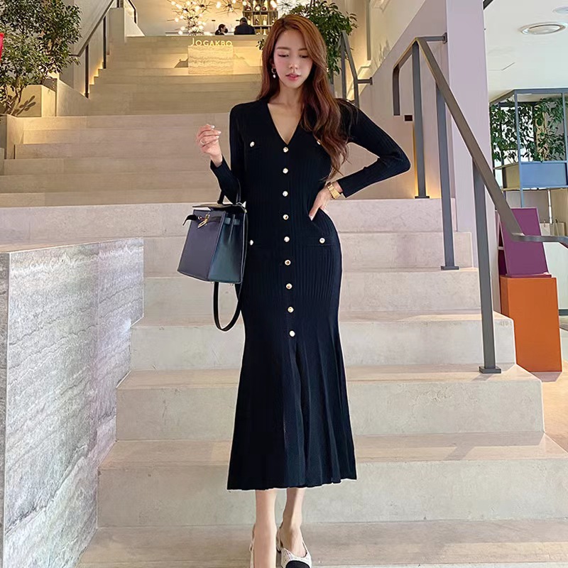 V-neck slim retro dress autumn mermaid long dress