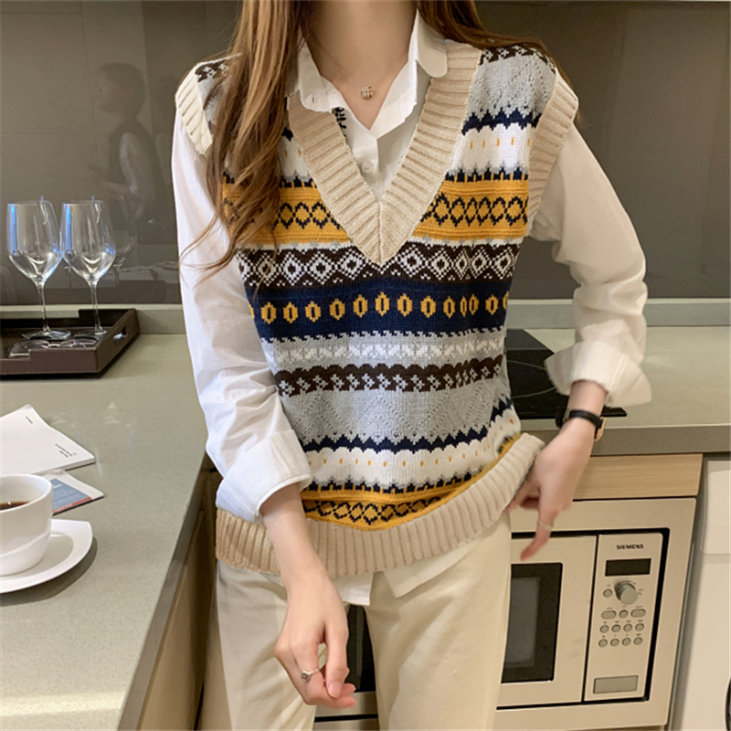 Jacquard art retro sweater autumn V-neck vest for women