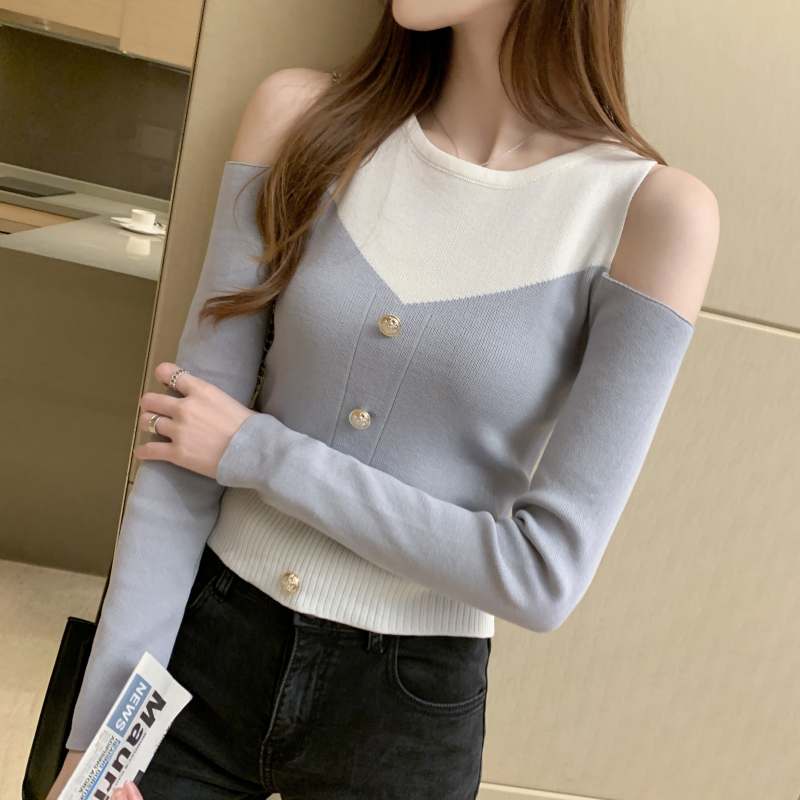 Black autumn mixed colors sweater short slim long sleeve tops