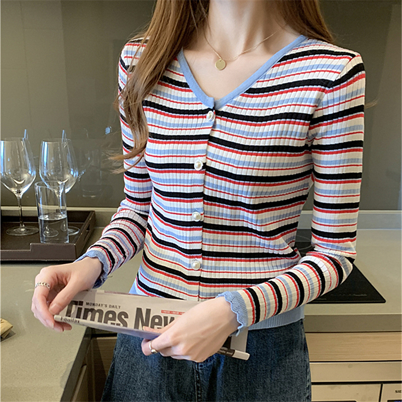 Stripe red all-match cardigan thin autumn sweater for women