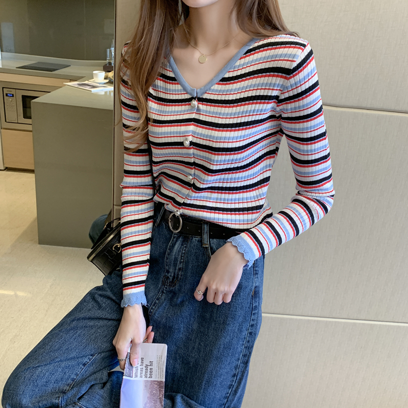 Stripe red all-match cardigan thin autumn sweater for women