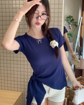 Side bandage Korean style sweater short sleeve tops for women