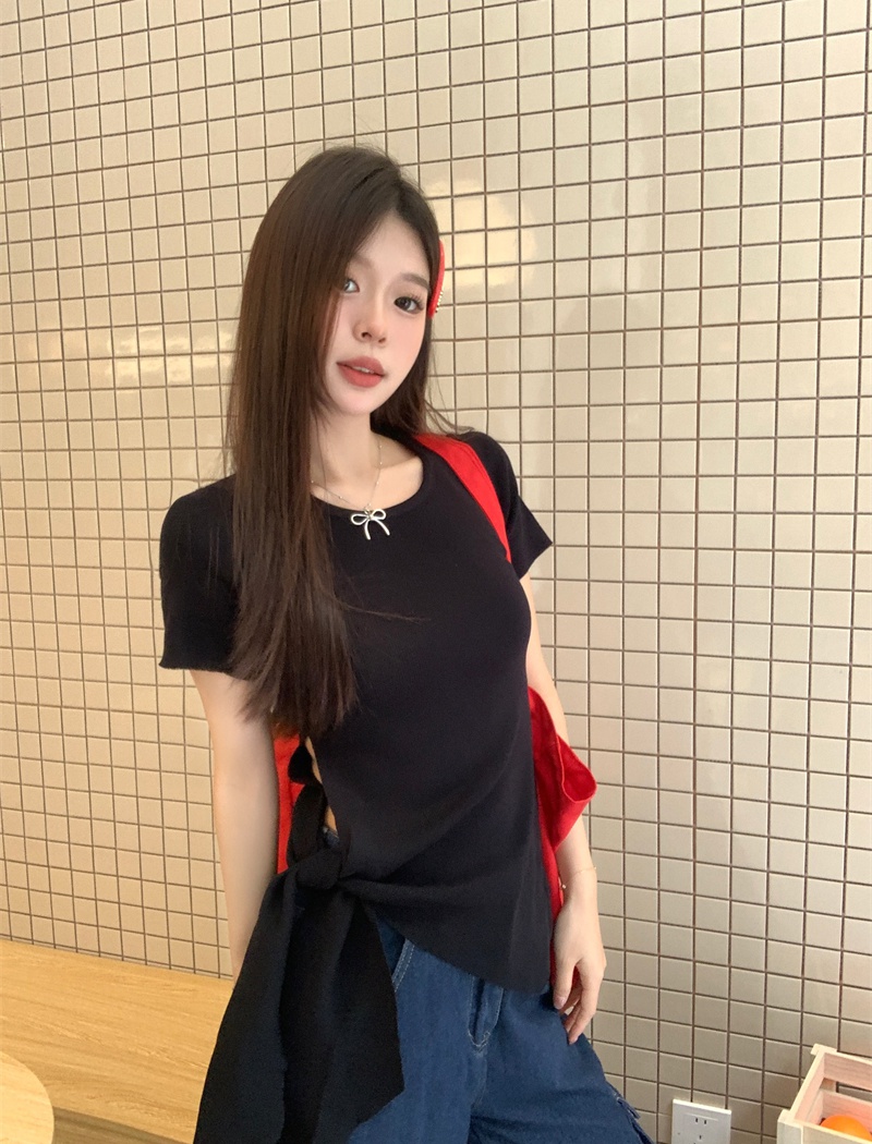 Side bandage Korean style sweater short sleeve tops for women