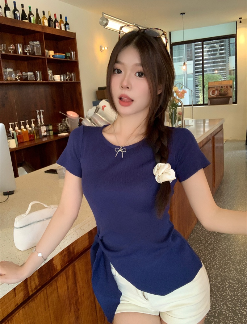 Side bandage Korean style sweater short sleeve tops for women