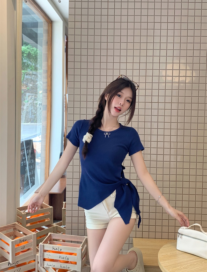 Side bandage Korean style sweater short sleeve tops for women