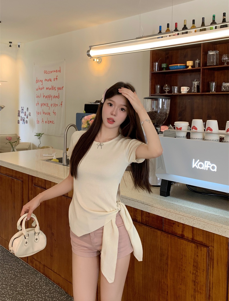 Side bandage Korean style sweater short sleeve tops for women