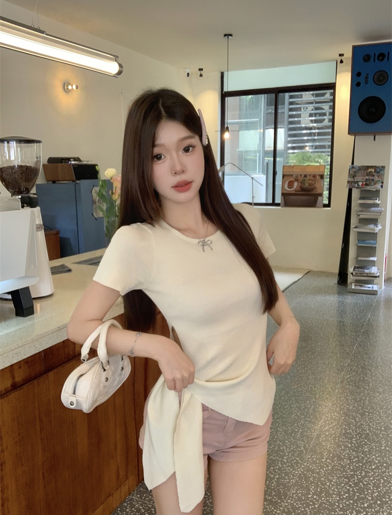 Side bandage Korean style sweater short sleeve tops for women