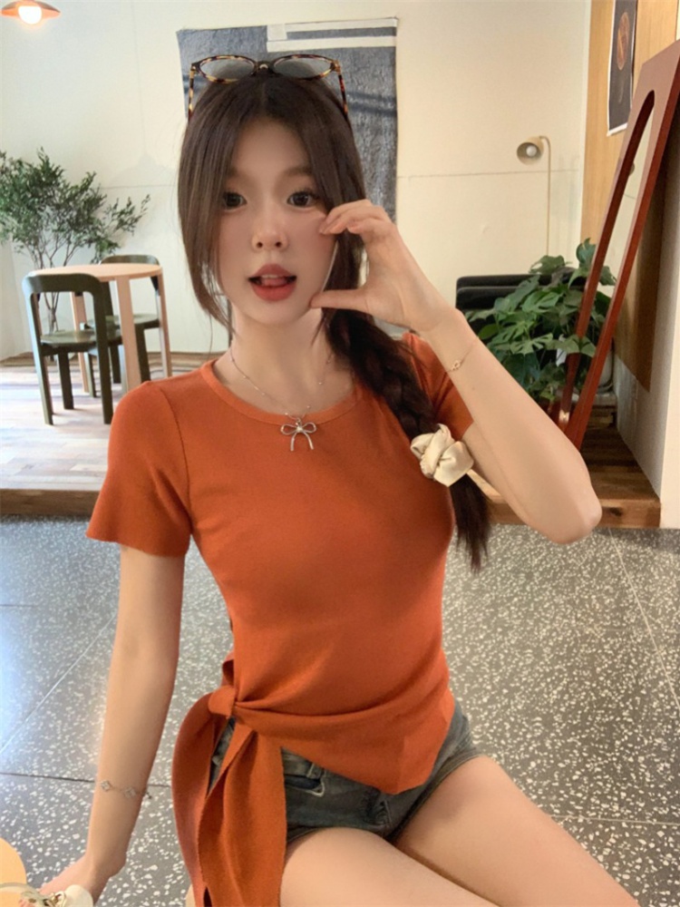 Side bandage Korean style sweater short sleeve tops for women