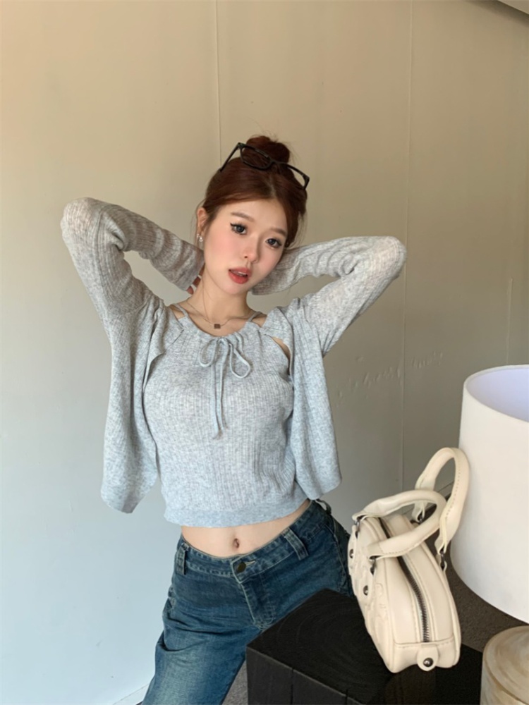 Halter autumn sling sweater bandage long sleeve cardigan a set