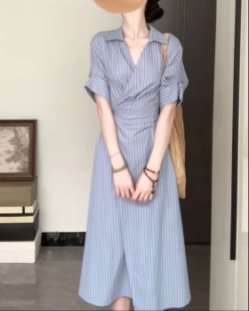 Blue France style long dress pinched waist stripe dress