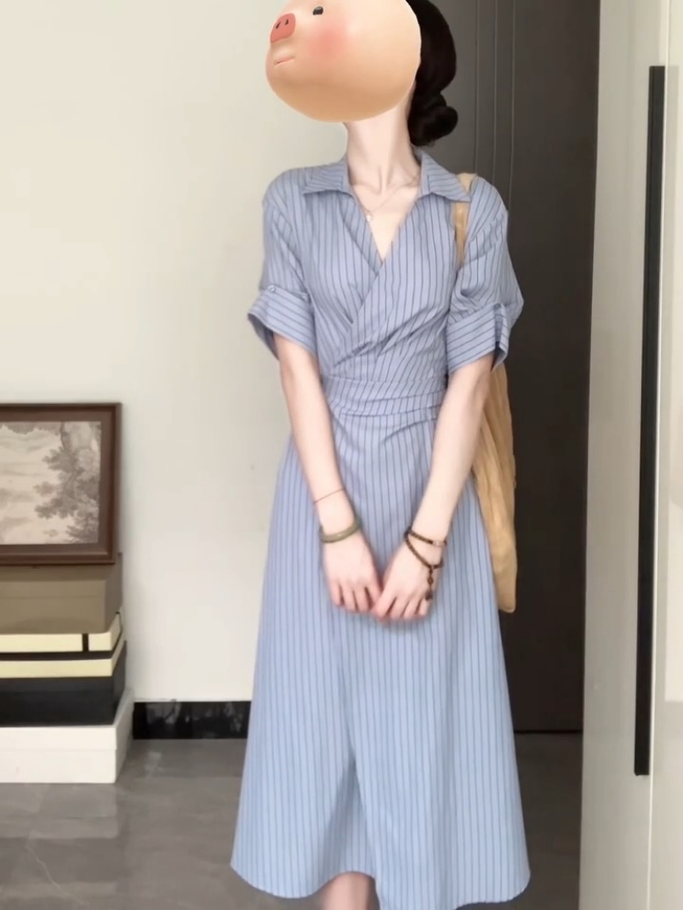 Blue France style long dress pinched waist stripe dress