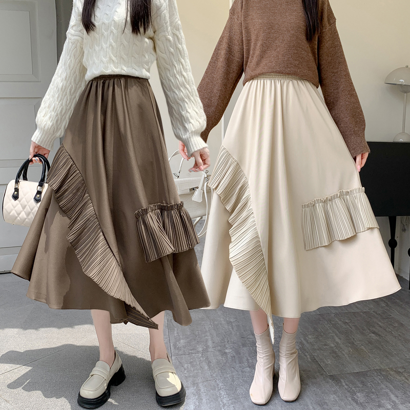 A-line pleated Casual long dress irregular autumn and winter skirt