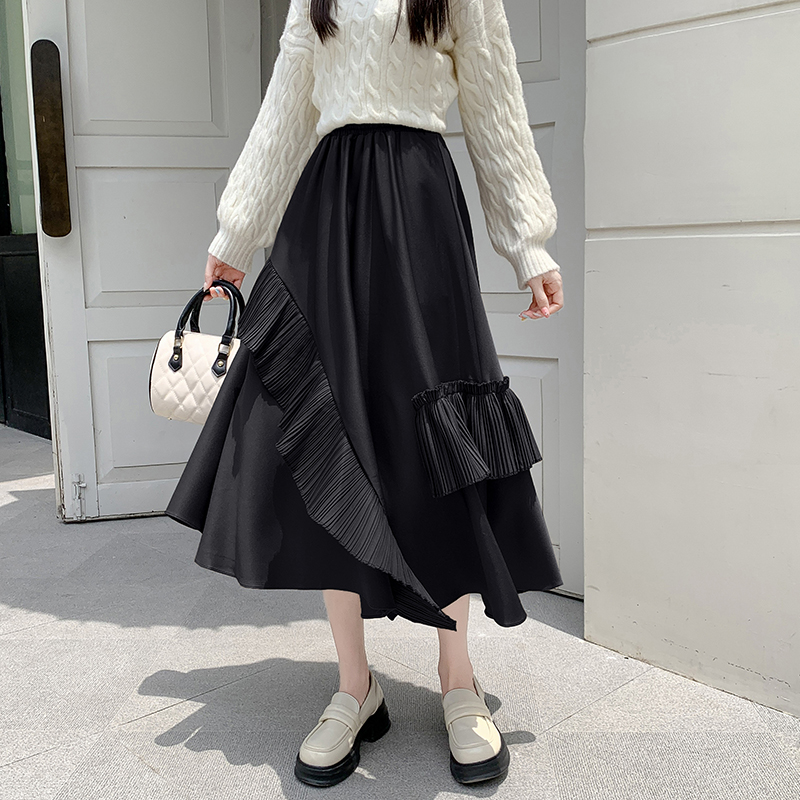 A-line pleated Casual long dress irregular autumn and winter skirt