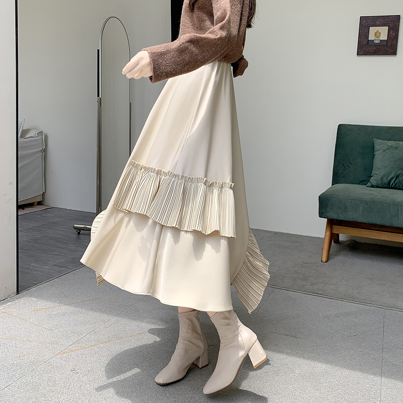 A-line pleated Casual long dress irregular autumn and winter skirt