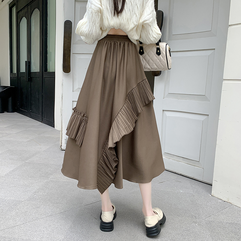 A-line pleated Casual long dress irregular autumn and winter skirt