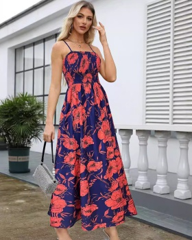 Printing strap dress high waist long dress for women