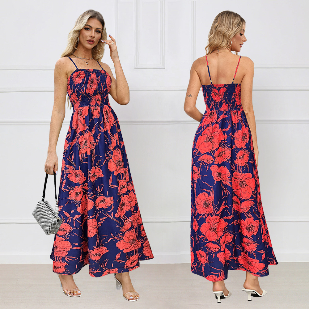 Printing strap dress high waist long dress for women