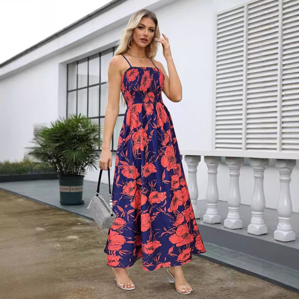 Printing strap dress high waist long dress for women