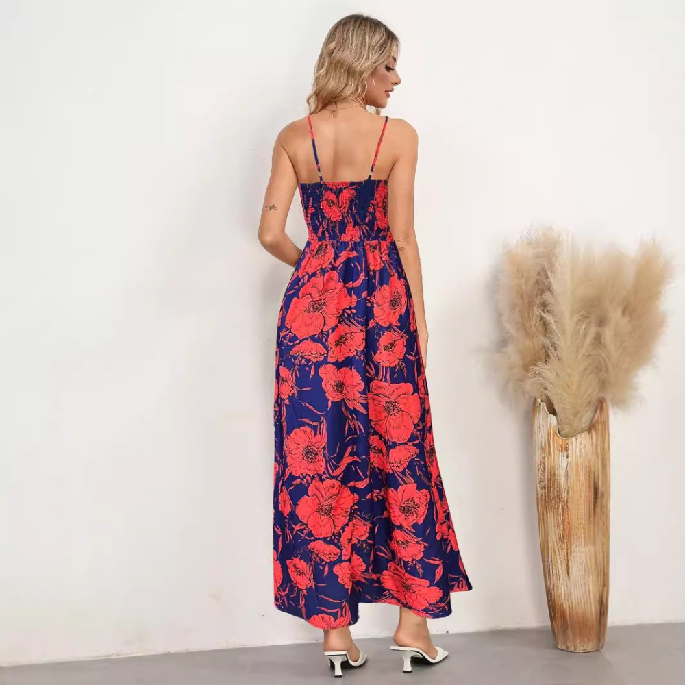 Printing strap dress high waist long dress for women