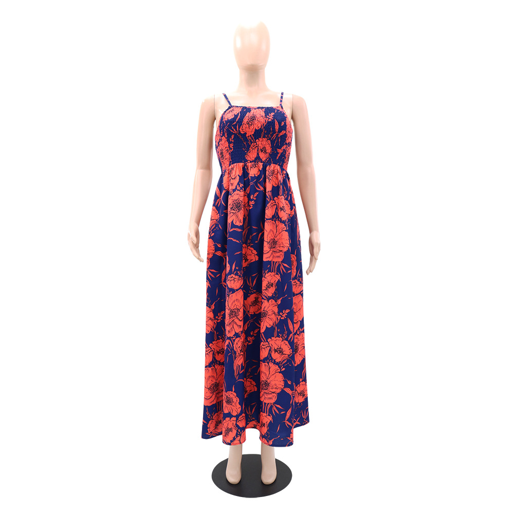 Printing strap dress high waist long dress for women