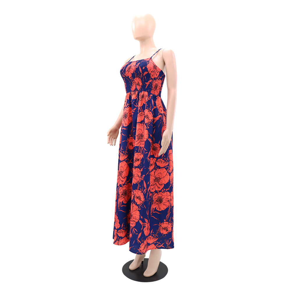 Printing strap dress high waist long dress for women