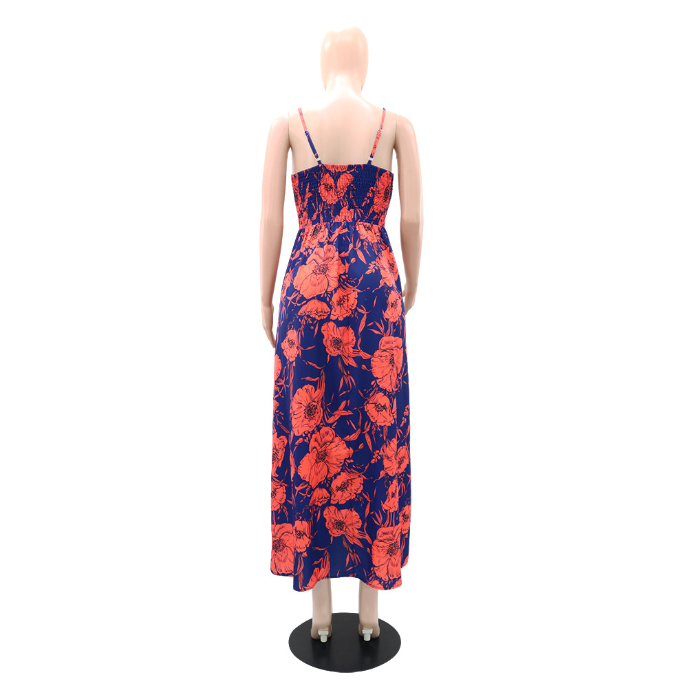 Printing strap dress high waist long dress for women