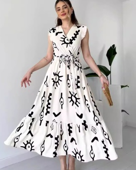 Black-white personality corset V-neck printing long dress