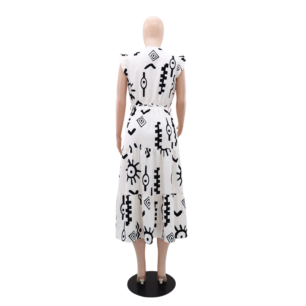 Black-white personality corset V-neck printing long dress