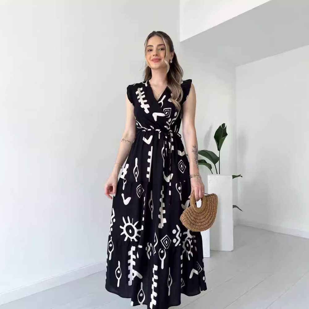 Black-white personality corset V-neck printing long dress